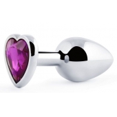 Серебристая анальная пробка с фиолетовым кристаллом-сердечком - 8 см. - Anal Jewelry Plug - купить с доставкой в Череповце