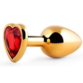 Золотистая анальная пробка с красным стразом-сердечком - 8 см. - Anal Jewelry Plug - купить с доставкой в Череповце