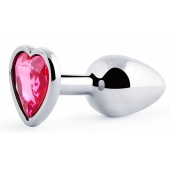 Серебристая анальная пробка с розовым кристаллом-сердечком - 7 см. - Anal Jewelry Plug - купить с доставкой в Череповце