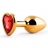 Золотистая анальная пробка с красным стразом-сердечком - 7 см. - Anal Jewelry Plug - купить с доставкой в Череповце