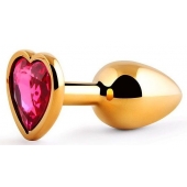 Золотистая анальная пробка с малиновым кристаллом-сердечком - 7 см. - Anal Jewelry Plug - купить с доставкой в Череповце