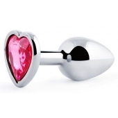 Серебристая анальная пробка с малиновым кристаллом-сердечком - 7 см. - Anal Jewelry Plug - купить с доставкой в Череповце