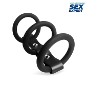 Черное тройное эрекционное кольцо с ремешком - Sex Expert - в Череповце купить с доставкой