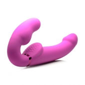 Розовый безремневой страпон с вибрацией и функцией расширения Inflatable Ergo-Fit Strapless Strap-On - XR Brands - купить с доставкой в Череповце