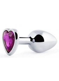 Серебристая анальная пробка с фиолетовым кристаллом-сердечком - 8 см. - Anal Jewelry Plug - купить с доставкой в Череповце