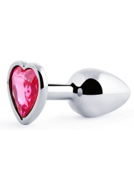 Серебристая анальная пробка с розовым кристаллом-сердечком - 7 см. - Anal Jewelry Plug - купить с доставкой в Череповце