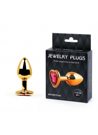 Золотистая анальная пробка с малиновым кристаллом-сердечком - 7 см. - Anal Jewelry Plug - купить с доставкой в Череповце