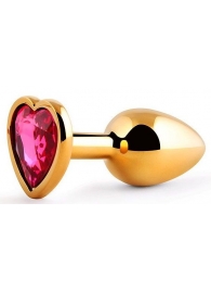 Золотистая анальная пробка с малиновым кристаллом-сердечком - 7 см. - Anal Jewelry Plug - купить с доставкой в Череповце