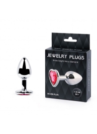 Серебристая анальная пробка с малиновым кристаллом-сердечком - 7 см. - Anal Jewelry Plug - купить с доставкой в Череповце