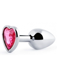Серебристая анальная пробка с малиновым кристаллом-сердечком - 7 см. - Anal Jewelry Plug - купить с доставкой в Череповце