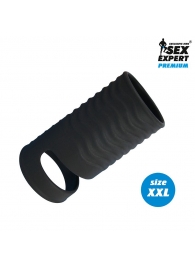 Черная открытая насадка на пенис с кольцом для мошонки XXL-size - 9,4 см. - Sex Expert - в Череповце купить с доставкой