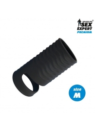 Черная открытая насадка на пенис с кольцом для мошонки size M - 7,9 см. - Sex Expert - в Череповце купить с доставкой