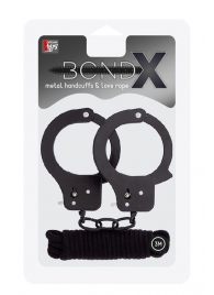Чёрные наручники из листового металла в комплекте с веревкой BONDX METAL CUFFS LOVE ROPE SET - Dream Toys - купить с доставкой в Череповце