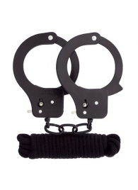 Чёрные наручники из листового металла в комплекте с веревкой BONDX METAL CUFFS LOVE ROPE SET - Dream Toys - купить с доставкой в Череповце