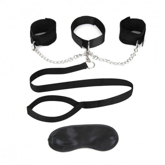 Чёрный ошейник с наручниками и поводком Collar Cuffs   Leash Set - Lux Fetish - купить с доставкой в Череповце