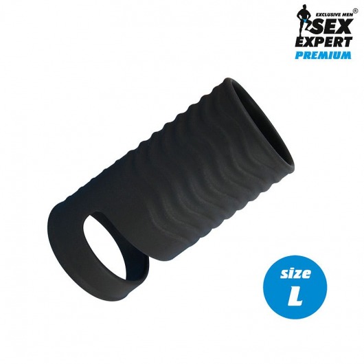 Черная открытая насадка на пенис с кольцом для мошонки L-size - 8,5 см. - Sex Expert - в Череповце купить с доставкой