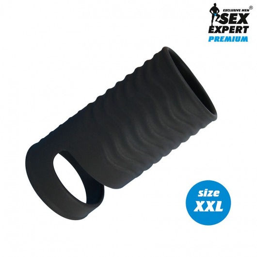 Черная открытая насадка на пенис с кольцом для мошонки XXL-size - 9,4 см. - Sex Expert - в Череповце купить с доставкой
