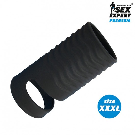 Черная открытая насадка на пенис с кольцом для мошонки XXXL-size - 9,9 см. - Sex Expert - в Череповце купить с доставкой
