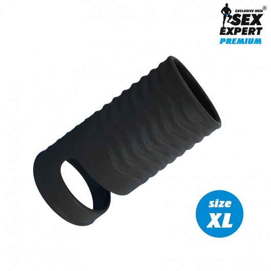Черная открытая насадка на пенис с кольцом для мошонки XL-size - 8,9 см. - Sex Expert - в Череповце купить с доставкой