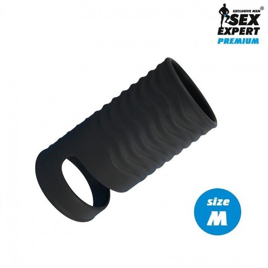 Черная открытая насадка на пенис с кольцом для мошонки size M - 7,9 см. - Sex Expert - в Череповце купить с доставкой