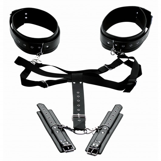 Черная бондажная система Acquire Easy Access Thigh Harness with Wrist Cuffs - XR Brands - купить с доставкой в Череповце