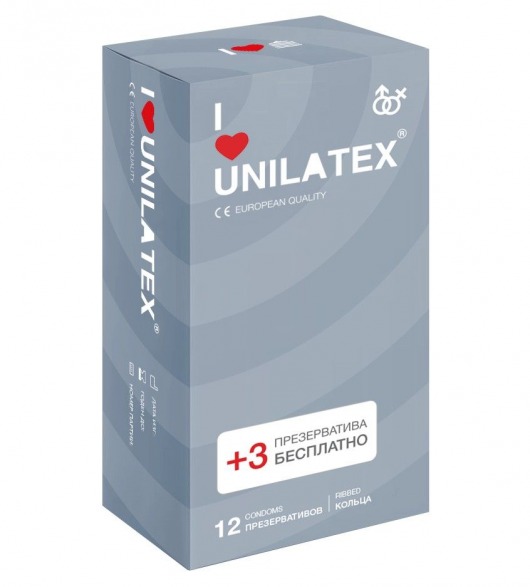 Презервативы с рёбрами Unilatex Ribbed - 12 шт. + 3 шт. в подарок - Unilatex - купить с доставкой в Череповце